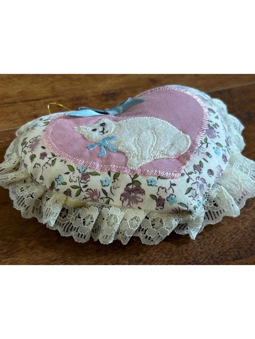 Cherished Teddies Heart-Shaped Decorative Pillow with White Cat Embroidery
